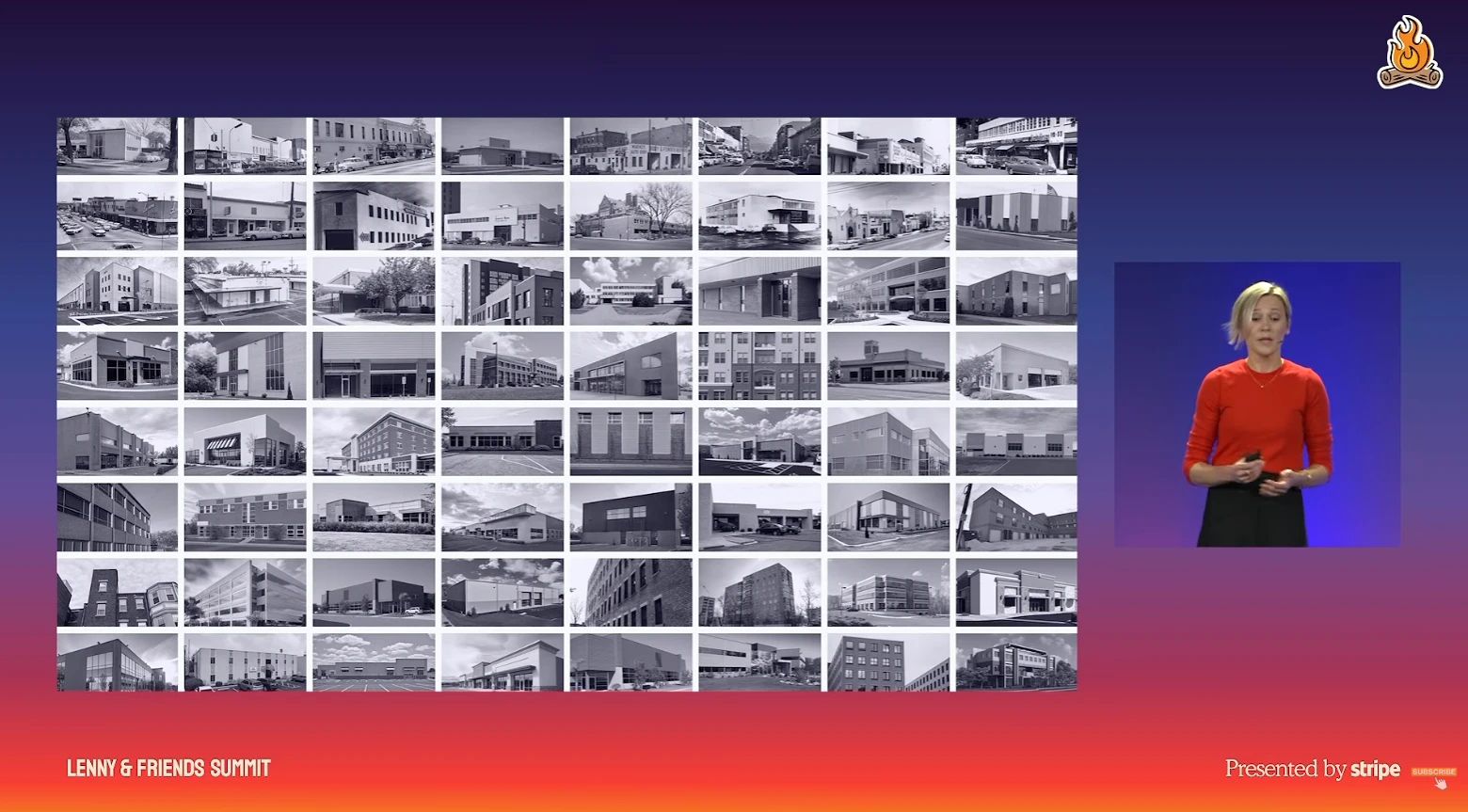 Grid of near-identical postwar commercial buildings on a talk slide