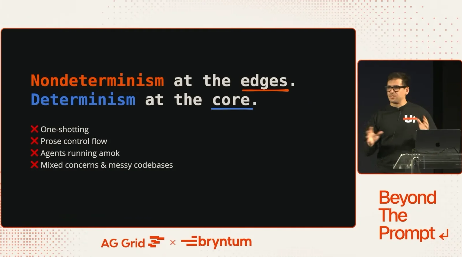 Talk slide reading "Nondeterminism at the edges. Determinism at the core." with a list of anti-patterns